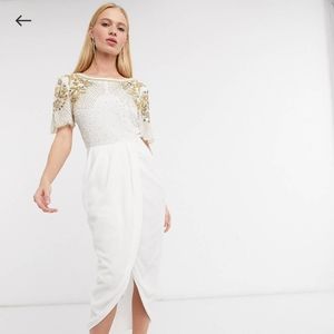 Virgo's Lounge Nicola Beaded and Embroidered Gold and White Dress Size 14 NWT